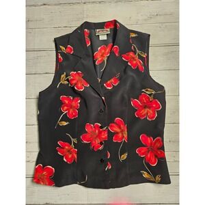 Vintage Pine Cove Sharon Young Black Red Floral Sleeveless‎ Button Up Top Size 2